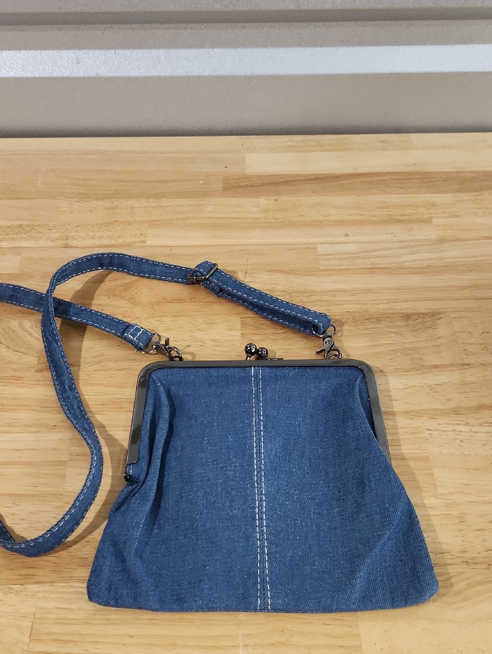 Denim Crossbody Bag with Kiss-Lock Frame - Blue